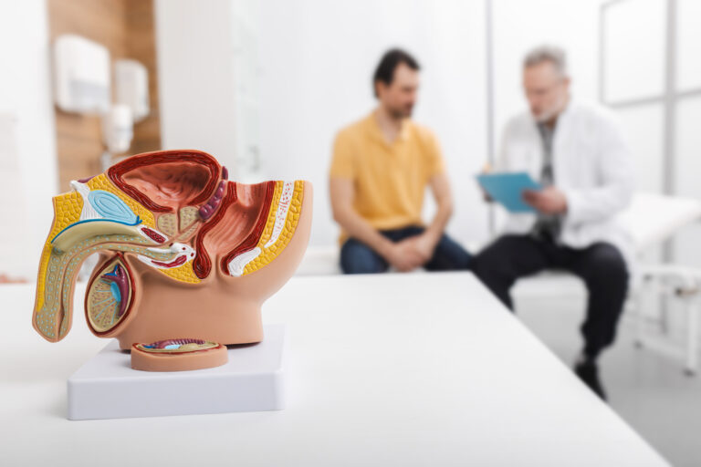 A medical model of the male reproductive system is displayed on a table, highlighting topics like prostate cancer recovery, while a doctor and patient discuss treatment options in the background.