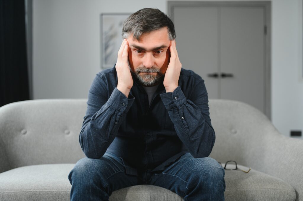 A man sits on a gray couch, leaning forward with his elbows on his knees and his hands on the sides of his head, appearing stressed or deep in thought—perhaps reflecting tension that can also affect the pelvic floor.