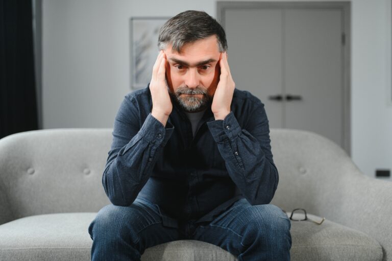 A man sits on a gray couch, leaning forward with his elbows on his knees and his hands on the sides of his head, appearing stressed or deep in thought—perhaps reflecting tension that can also affect the pelvic floor.